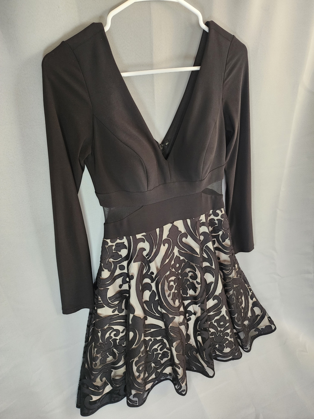 Xscape Black Long-Sleeve V-Neck Fit & Flare Dress with Lace Overlay